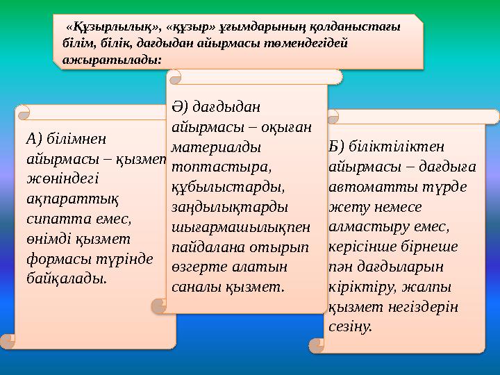 «Құзырлылық», «құзыр» ұғымдарының қолданыстағы білім, білік, дағдыдан айырмасы төмендегідей ажыратылады: А) білімнен айырма