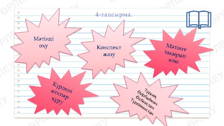 4 - тапсырма. Мәтінді оқу Конспект жазуК үрделі ж осп ар құру Түркия, Әзірбайжан Өзбекстан Түркіменстан М әтін ге та