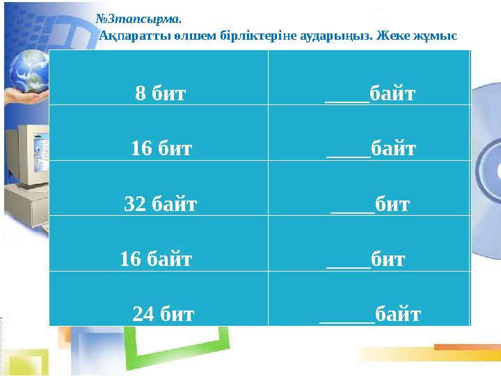 8 бит ____байт 16 бит ____ байт 32 байт ____бит 16 байт ____ бит 24 бит ____ _ байт № 3тапсырма. Ақпаратты ө