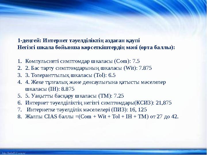 1-деңгей: Интернет тәуелділіктің аздаған қаупі Негізгі шкала бойынша көрсеткіштердің мәні (орта баллы): 1. Компульсивті симптом