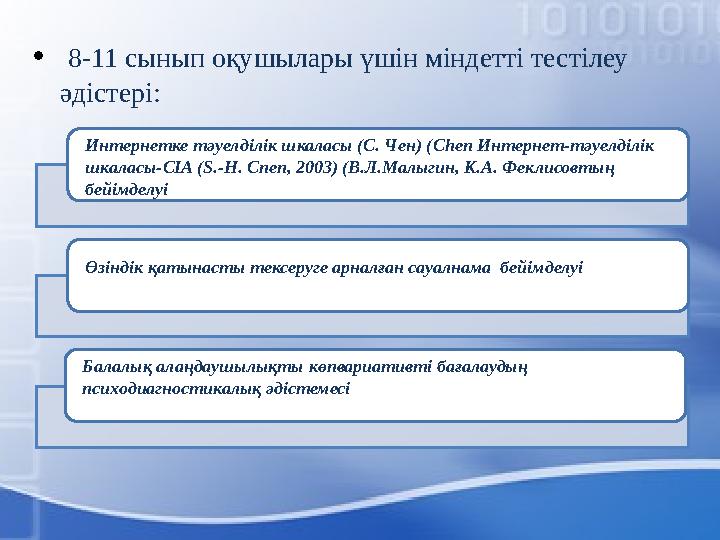 • 8-11 сынып оқушылары үшін міндетті тестілеу әдістері: Интернетке тәуелділік шкаласы (С. Чен) ( Chen Интернет-тәуелділік ш