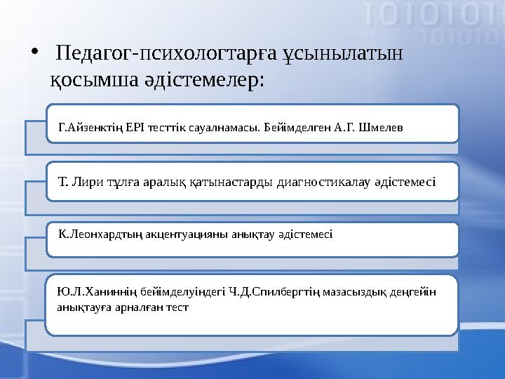 • Педагог-психологтарға ұсынылатын қосымша әдістемелер: Г.Айзенктің EPI тесттік сауалнамасы. Бейімделген А.Г. Шмелев Т. Ли