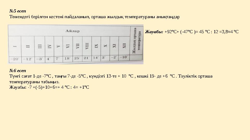 № 5 есеп Төмендегі берілген кестені пайдаланып, орташа жылдық температураны анықтаңдар Жауабы: +92 º С+ (-47 º С )= 45 º С : 1