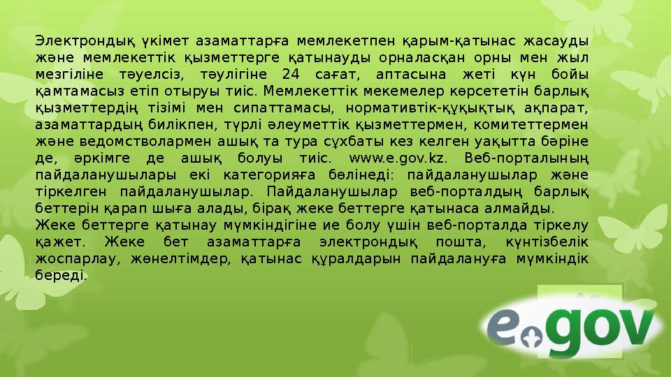 Электрондық үкімет азаматтарға мемлекетпен қарым-қатынас жасауды және мемлекеттік қызметтерге қатынауды орналасқан ор