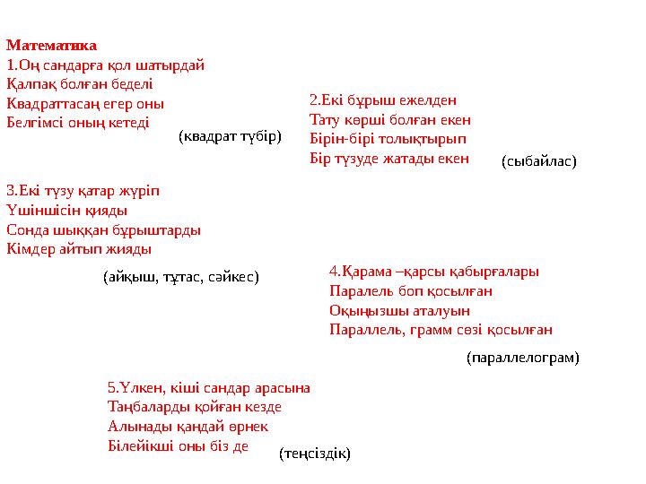 Математика 1.Оң сандарға қол шатырдай Қалпақ болған беделі Квадраттасаң егер оны Белгімсі оның кетеді 2.Екі бұрыш ежелден Та