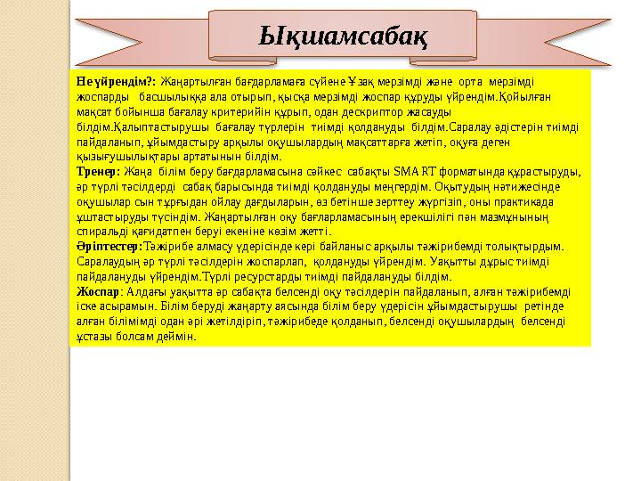Ықшамсабақ Не үйрендім?: Жаңартылған бағдарламаға сүйене Ұзақ мерзімді және орта мерзімді жоспарды басшылыққа ала отырып,