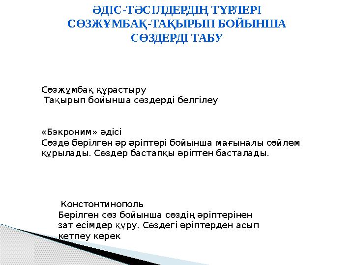 Сөзжұмбақ құрастыру Тақырып бойынша сөздерді белгілеу «Бэкроним» әдісі Сөзде берілген әр әріптері бойынша мағыналы сөйлем құр