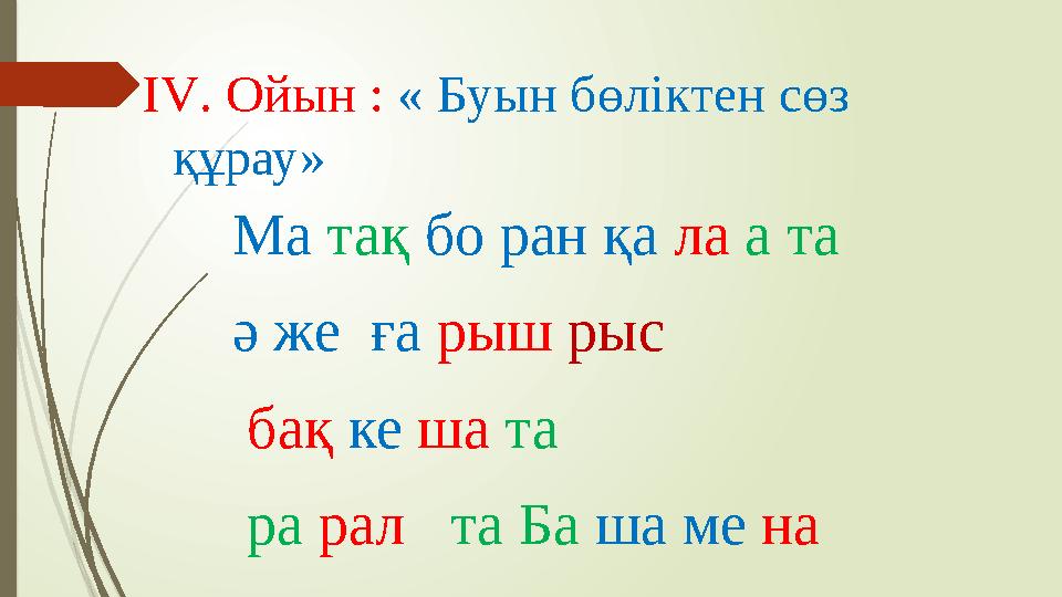 І V . Ойын : « Буын бөліктен сөз құрау» Ма тақ бо ран қа ла а та ә же ға рыш рыс бақ ке ша та ра