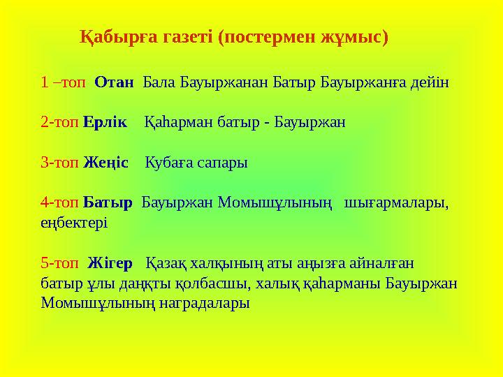 Қабырға газеті (постермен жұмыс) 1 –топ Отан Бала Бауыржанан Батыр Бауыржанға дейін 2-топ Ерлік Қаһарман бат