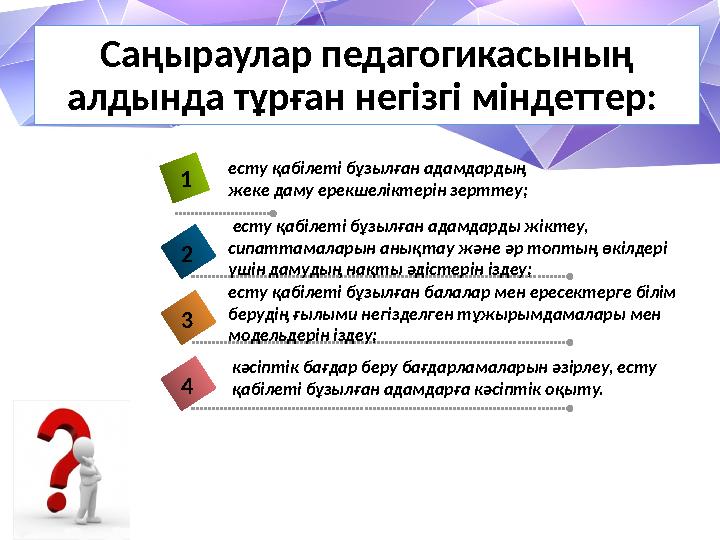 Саңыраулар педагогикасының алдында тұрған негізгі міндеттер: 41 2 3 есту қабілеті бұзылған адамдардың жеке даму ерекшеліктері