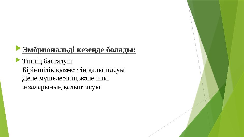  Эмбриональді кезеңде болады:  Тіннің басталуы Біріншілік қызметтің қалыптасуы Дене мүшелерінің және ішкі ағзаларының қалыптас