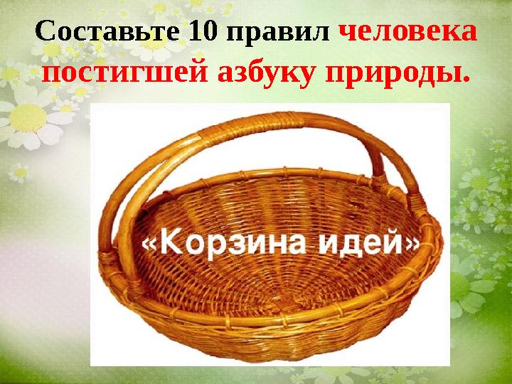 Составьте 10 правил человека постигшей азбуку природы.