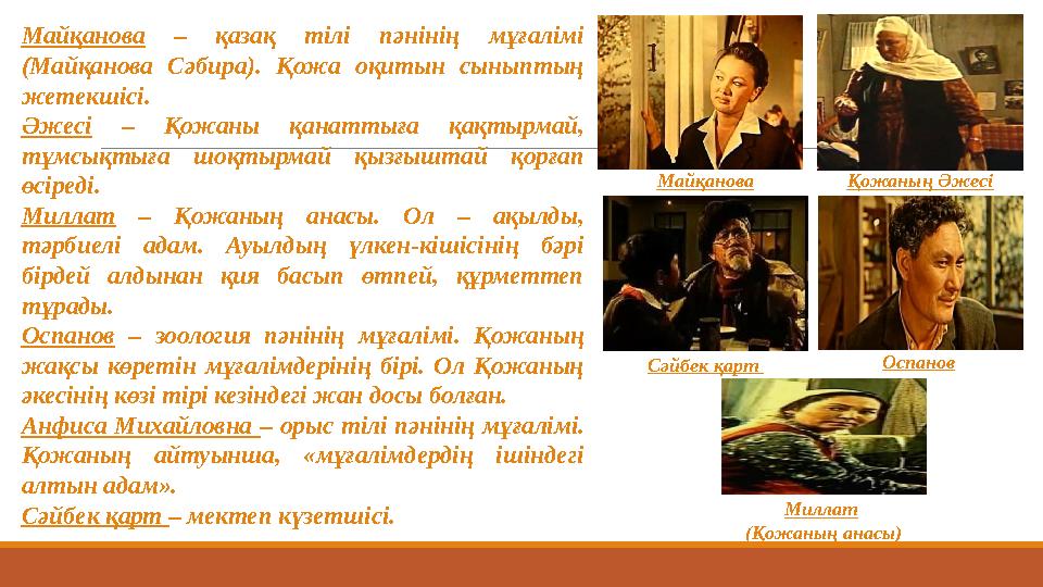 Майқанова – қазақ тілі пәнінің мұғалімі (Майқанова Сәбира). Қожа оқитын сыныптың жетекшісі. Әжесі – Қожаны қанат