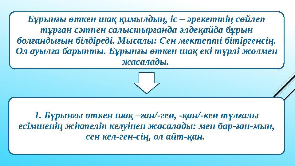 Бұрынғы өткен шақ қимылдың, іс – әрекеттің сөйлеп тұрған сәтпен салыстырғанда әлдеқайда бұрын болғандығын білдіреді. Мысалы: С