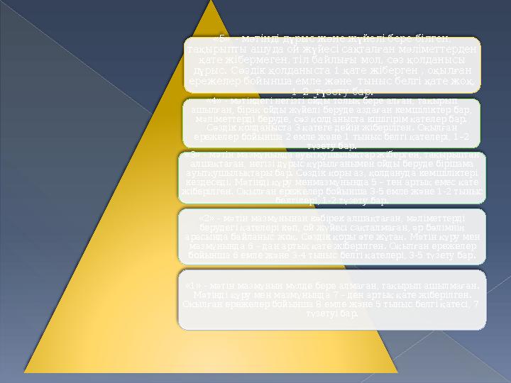 «5» - мәтінді дұрыс және жүйелі бере білген, тақырыпты ашуда ой жүйесі сақталған мәліметтерден қате жібермеген, тіл байлығы мо