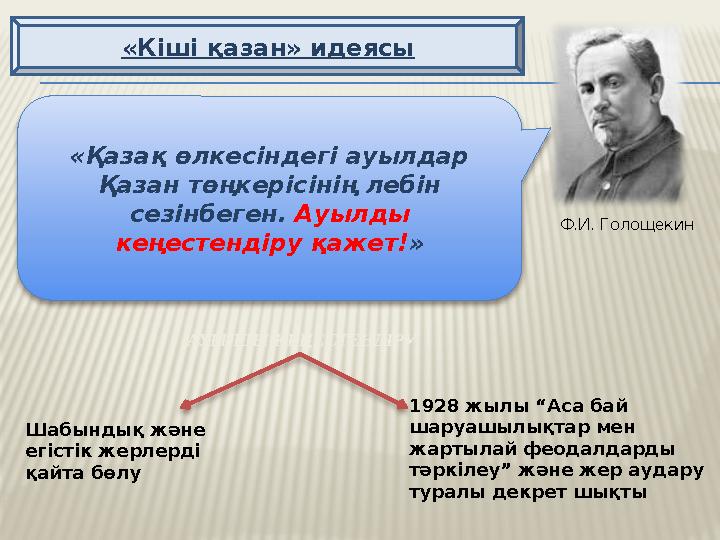 «Кіші қазан» идеясы «Қазақ өлкесіндегі ауылдар Қазан төңкерісінің лебін сезінбеген. Ауылды кеңестендіру қажет! » Ф.И. Голоще