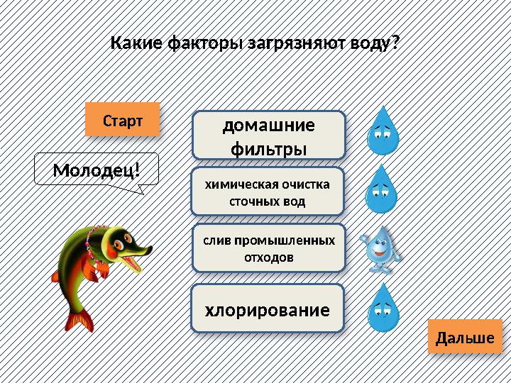 Старт ДальшеКакие факторы загрязняют воду? домашние фильтры слив промышленных отходовхимическая очистка сточных вод хлорирова