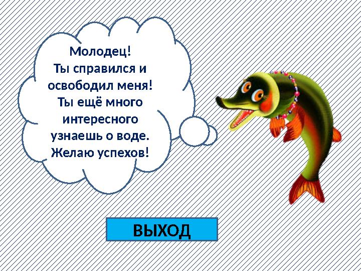 Молодец! Ты справился и освободил меня! Ты ещё много интересного узнаешь о воде. Желаю успехов! ВЫХОД