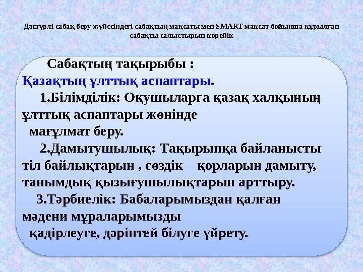 Дәстүрлі сабақ беру жүйесіндегі сабақтың мақсаты мен SMART мақсат бойынша құрылған сабақты салыстырып көрейік Сабақтың