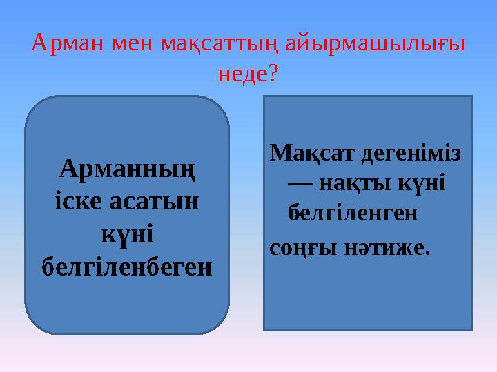 Арман мен мақсаттың айырмашылығы неде? Арманның іске асатын күні белгіленбеген Мақсат дегеніміз — нақты күні белгіленген