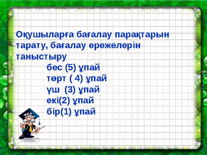 Оқушыларға бағалау парақтарын тарату, бағалау ережелерін таныстыру бес (5) ұпай төрт ( 4) ұпай