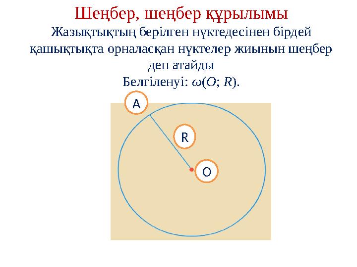 Шеңбер, шеңбер құрылымы Жазықтықтың берілген нүктедесінен бірдей қашықтықта орналасқан нүктелер жиынын шеңбер деп атайды Белгі