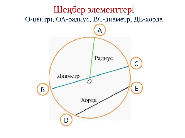 Шеңбер элементтері О-центрі, ОА-радиус, ВС-диаметр, ДЕ-хорда А Е D С В