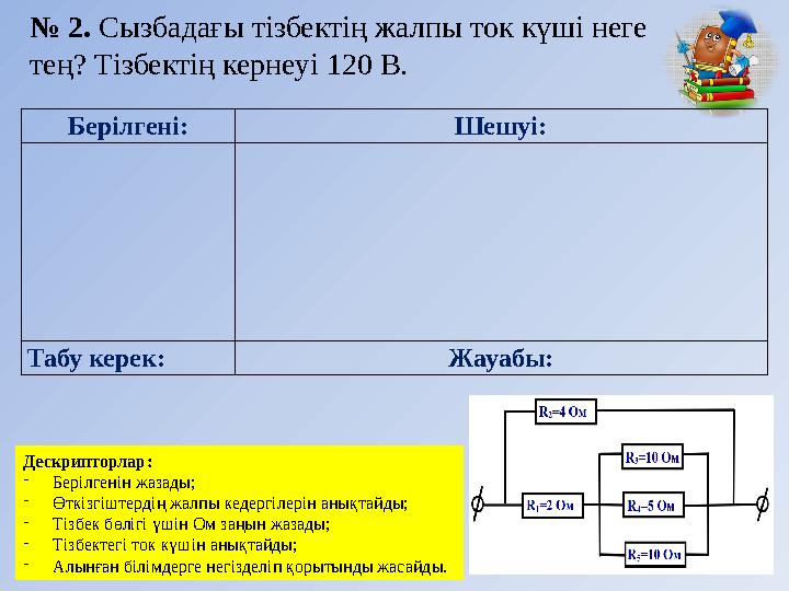№ 2. Сызбадағы тізбектің жалпы ток күші неге тең? Тізбектің кернеуі 120 В. Берілгені: Шешуі: Табу керек: Жауабы: Дескрипторла