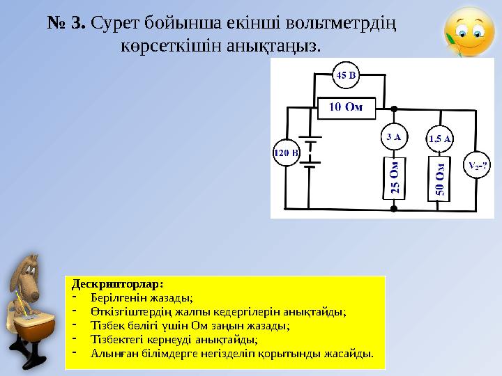 Дескрипторлар : - Берілгенін жазады; - Өткізгіштердің жалпы кедергілерін анықтайды; - Тізбек бөлігі үшін Ом заңын жазады; - Тізб