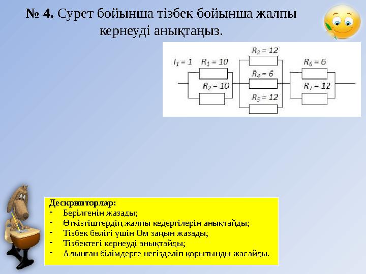 Дескрипторлар : - Берілгенін жазады; - Өткізгіштердің жалпы кедергілерін анықтайды; - Тізбек бөлігі үшін Ом заңын жазады; - Тізб