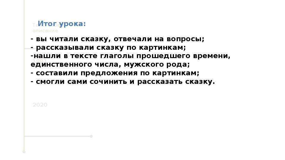 Текстовое описание 1991 2020 Итог урока: - вы читали сказку, отвечали на вопросы; - рассказывали сказку по картинкам; -нашли в