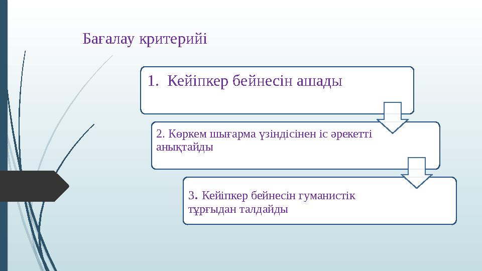 1. Кейіпкер бейнесін ашады 2. Көркем шығарма үзіндісінен іс әрекетті анықтайды 3 . Кейіпкер бейнесін гуманистік тұрғыдан т
