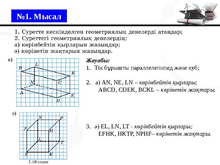 № 1. Мысал Жауабы: 1. Тік бұрышты параллелепипед және куб; 2. а) AN, NE, LN – көрінбейтін қырлары; ABCD, CDEK, B