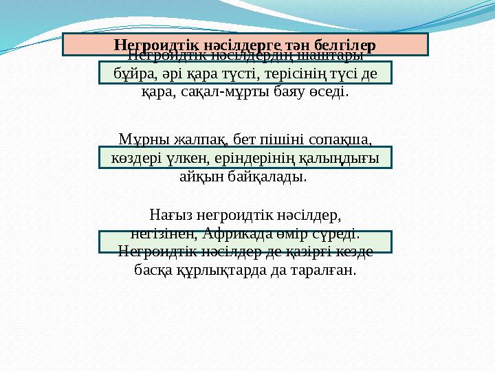 Негроидтік нәсілдерге тән белгілер Негроидтік нәсілдердің шаштары бұйра, әрі қара түсті, терісінің түсі де қара, сақал-мұрты б
