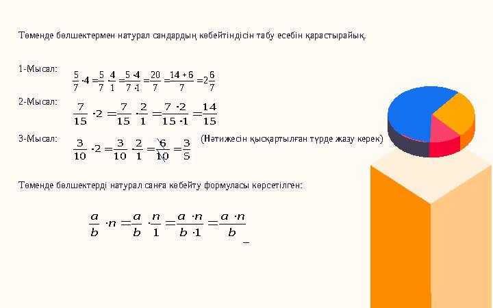 Төменде бөлшектермен натурал сандардың көбейтіндісін табу есебін қарастырайық. 1-Мысал: 2- Мысал: 3- Мысал: