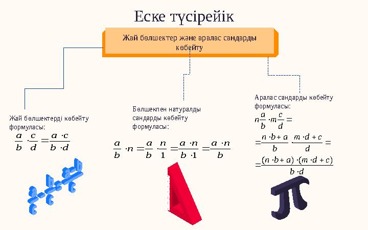 Еске түсірейік Аралас сандарды көбейту формуласы:Жай бөлшектер және аралас сандарды көбейту Жай бөлшектерді көбейту формуласы