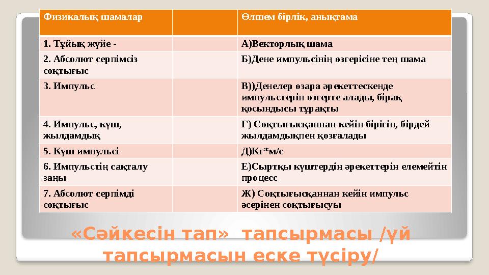 «Сәйкесін тап» тапсырмасы /үй тапсырмасын еске түсіру/Физикалық шамалар Өлшем бірлік, анықтама 1. Тұйық жүйе - А)Векторлық ш
