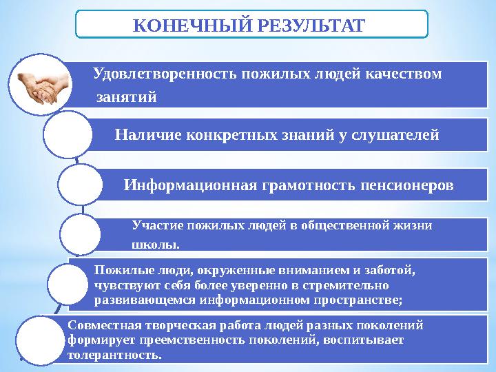 КОНЕЧНЫЙ РЕЗУЛЬТАТ Удовлетворенность пожилых людей качеством занятий Наличие конкретных знаний у