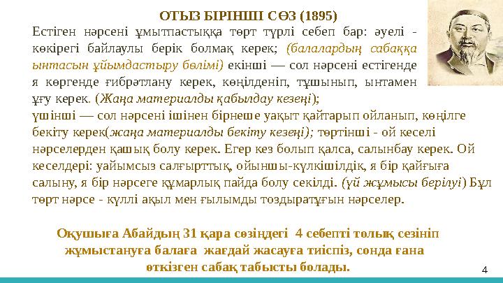 4ОТЫЗ БІРІНШІ СӨЗ (1895) Естіген нәрсені ұмытпастыққа төрт түрлі себеп бар: әуелі - көкірегі байлаулы берік болмақ