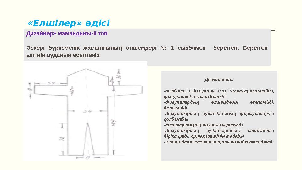 «Елшілер» әдісі Дизайнер» мамандығы-ІІ топ Әскері бүркемелік жамылғының өлшемдері № 1 сызбамен берілген. Берілген үлг
