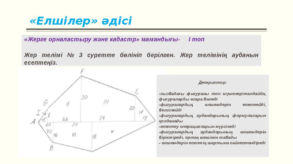 «Елшілер» әдісі «Жерге орналастыру және кадастр» маман дығы - І топ Жер телімі № 3 суретте бөлініп берілген. Жер