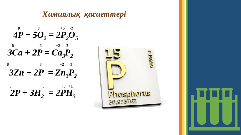 Химиялық қасиеттері 4P + 5O 2 = 2P 2 O 5 3Ca + 2P = Ca 3 P 2 3Zn + 2P = Zn 3 P 20 0 +5