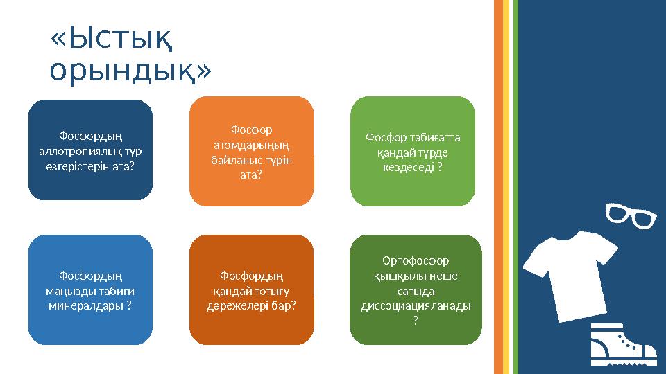 «Ыстық орындық» Фосфордың аллотропиялық түр өзгерістерін ата? Фосфордың маңызды табиғи минералдары ? Фосфор атомдарыңың б