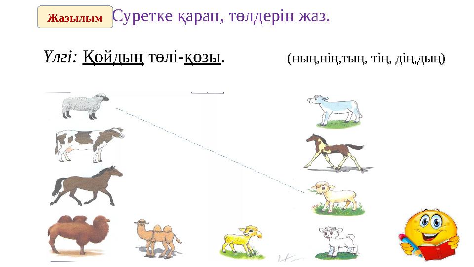 Суретке қарап, төлдерін жаз. Жазылым Үлгі: Қойдың төлі - қозы . (ның,нің,тың, тің, дің,дың)