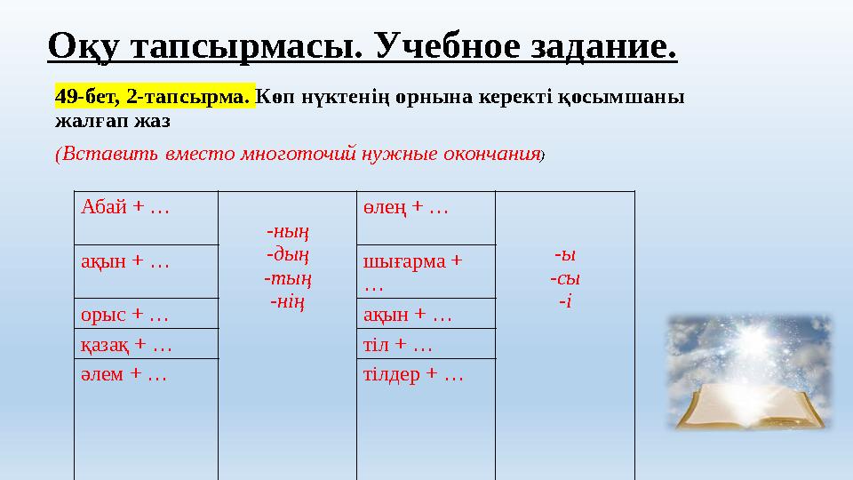 49-бет, 2-тапсырма. Көп нүктенің орнына керекті қосымшаны жалғап жаз ( Вставить вместо многоточий нужные окончания ) . Абай