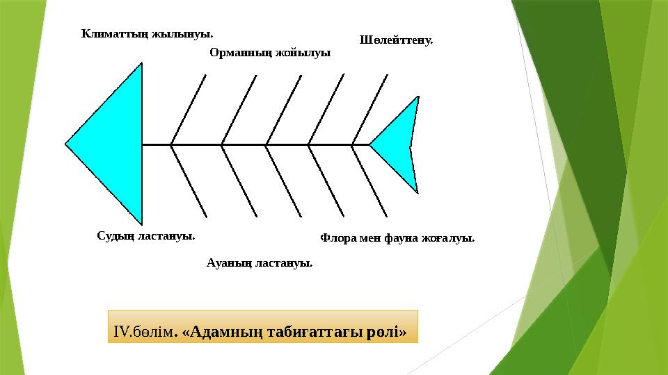 ІV.бөлім . «Адамның табиғаттағы рөлі»Климаттың жылынуы. Орманның жойылуы Шөлейттену. Судың ластануы. Ауаның ластануы. Ф