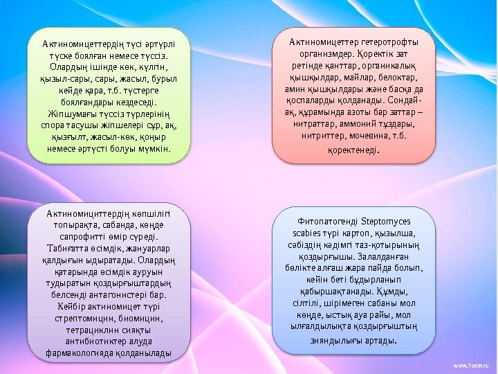 Актиномицеттердің түсі ə ртүрлі түске боялған немесе түссіз. Олардың ішінде көк, күлгін, қызыл-сары, сары, жасыл, бурыл кей