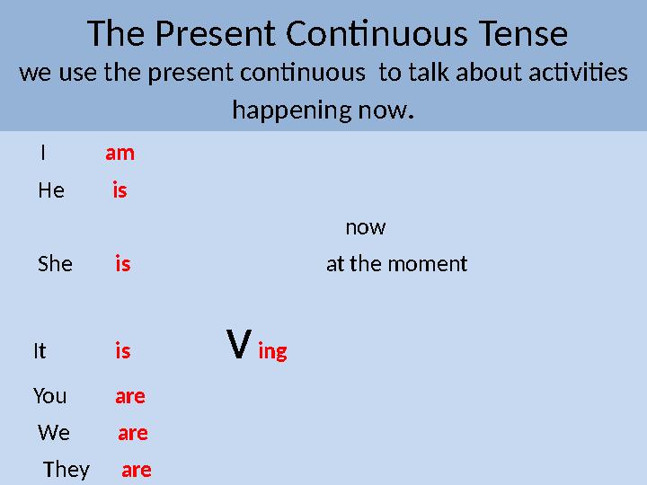 The Present Continuous Tense we use the present continuous to talk about activities happening now . I am