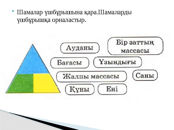  Шамалар үшбұрышына қара.Шамаларды үшбұрышқа орналастыр.