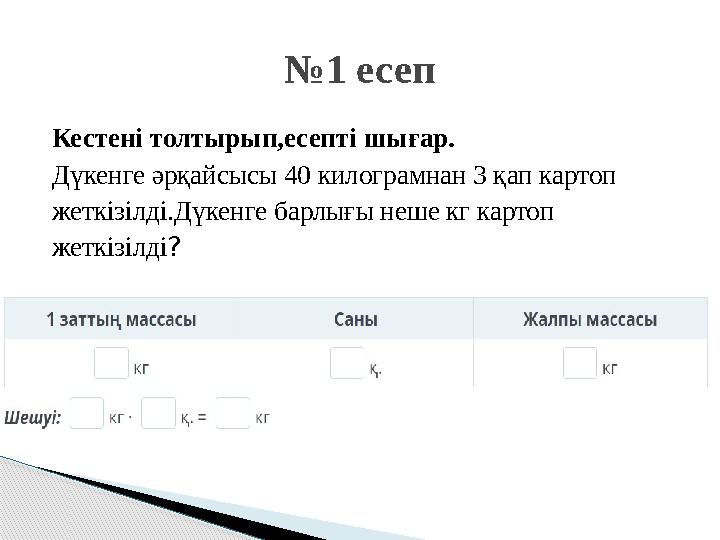 Кестені толтырып,есепті шығар. Дүкенге әрқайсысы 40 килограмнан 3 қап картоп жеткізілді.Дүкенге барлығы неше кг картоп жеткізілд